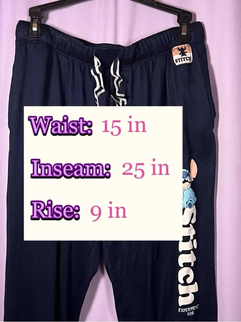 Disney Lilo & Stitch Navy Blue Sweatpant Joggers Womens Size S Experiment 626 - Picture 6 of 11